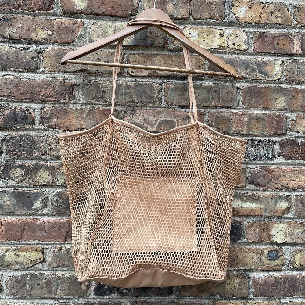HOXIS Beach Bag Shoulder Tote Sheer Pocket Tan